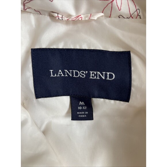 Ladies Lands End Down Puffer Ivory Vest Red/Brown Botanical Print Size M - Picture 2 of 5